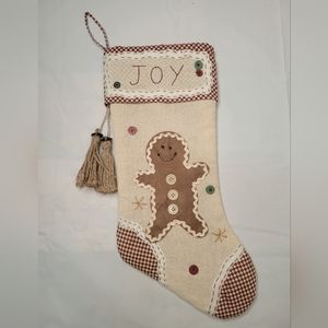 Christmas Burlap Gingham Patchwork "Joy" Gingerbread with Buttons & Embroidery